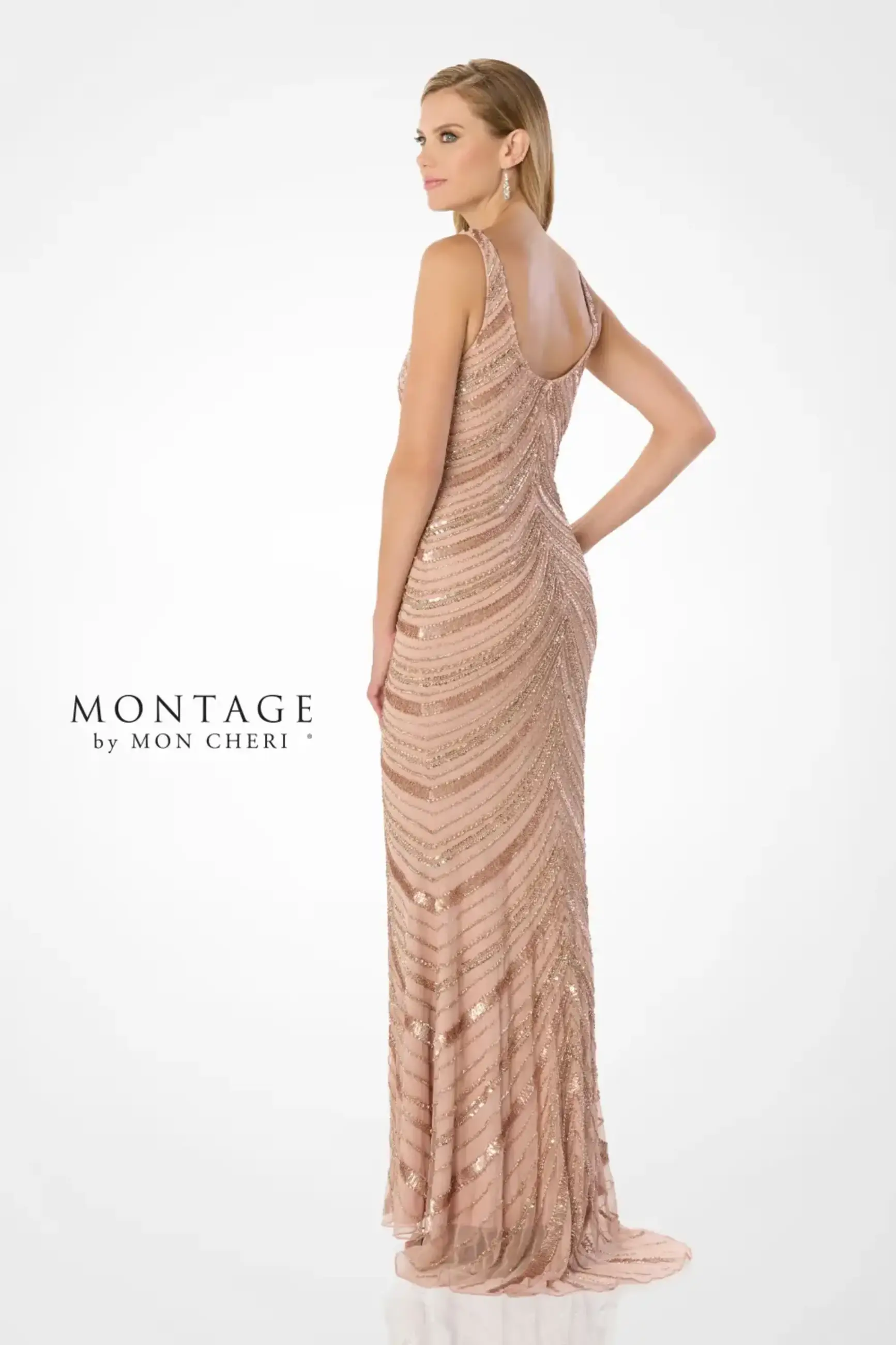 model is wearing a sleeveless champagne mother of the bride dress with detachable sleeves