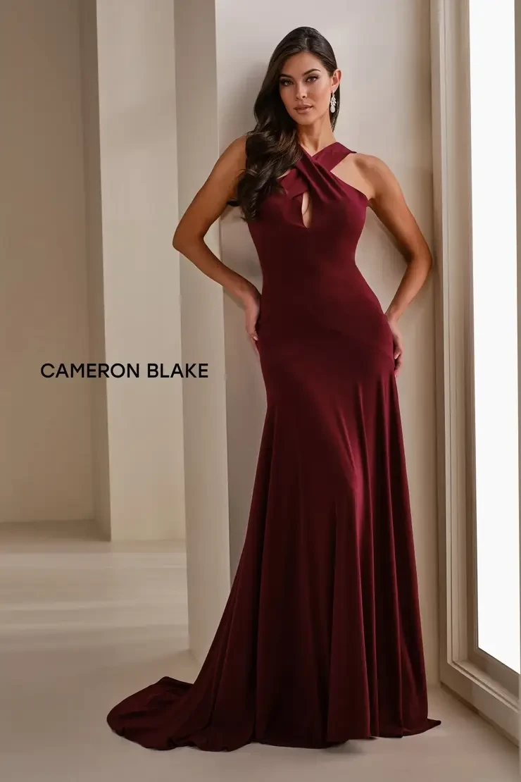 model is wearing a sleeveless halter neck mother of the bride dress