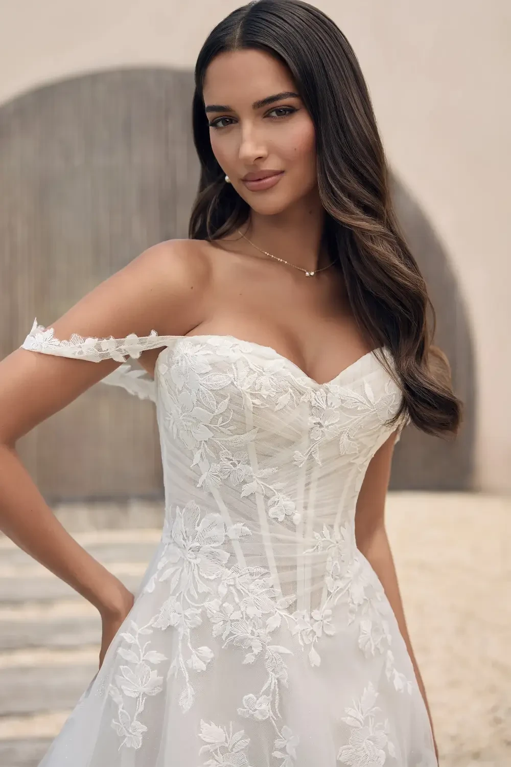 A woman in an elegant wedding dress with lace details, featuring off-shoulder straps and a fitted bodice. She has long, wavy hair and is posing confidently against a neutral background.