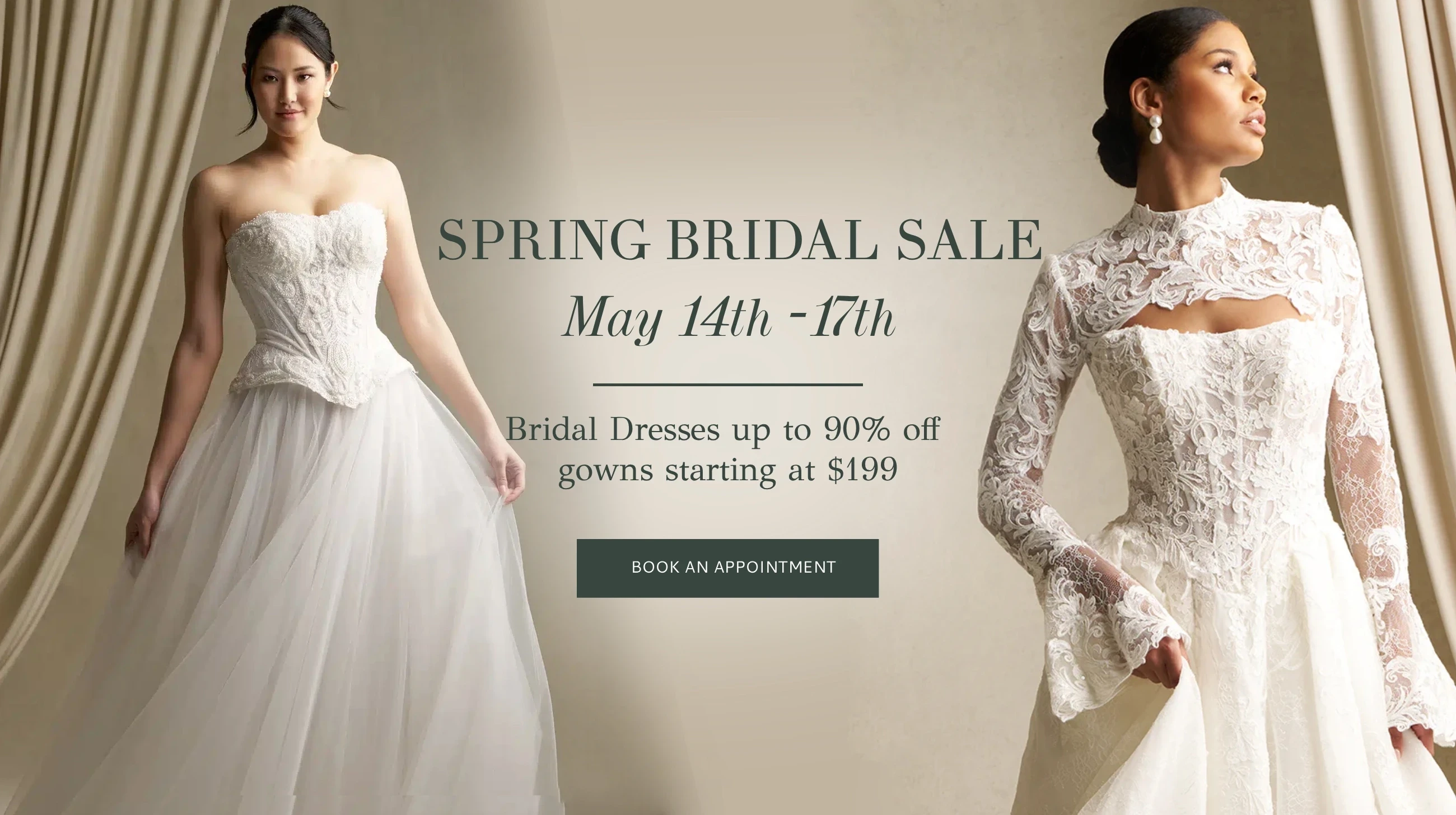 Models wearing bridal gown, spring bridal sale desktop banner