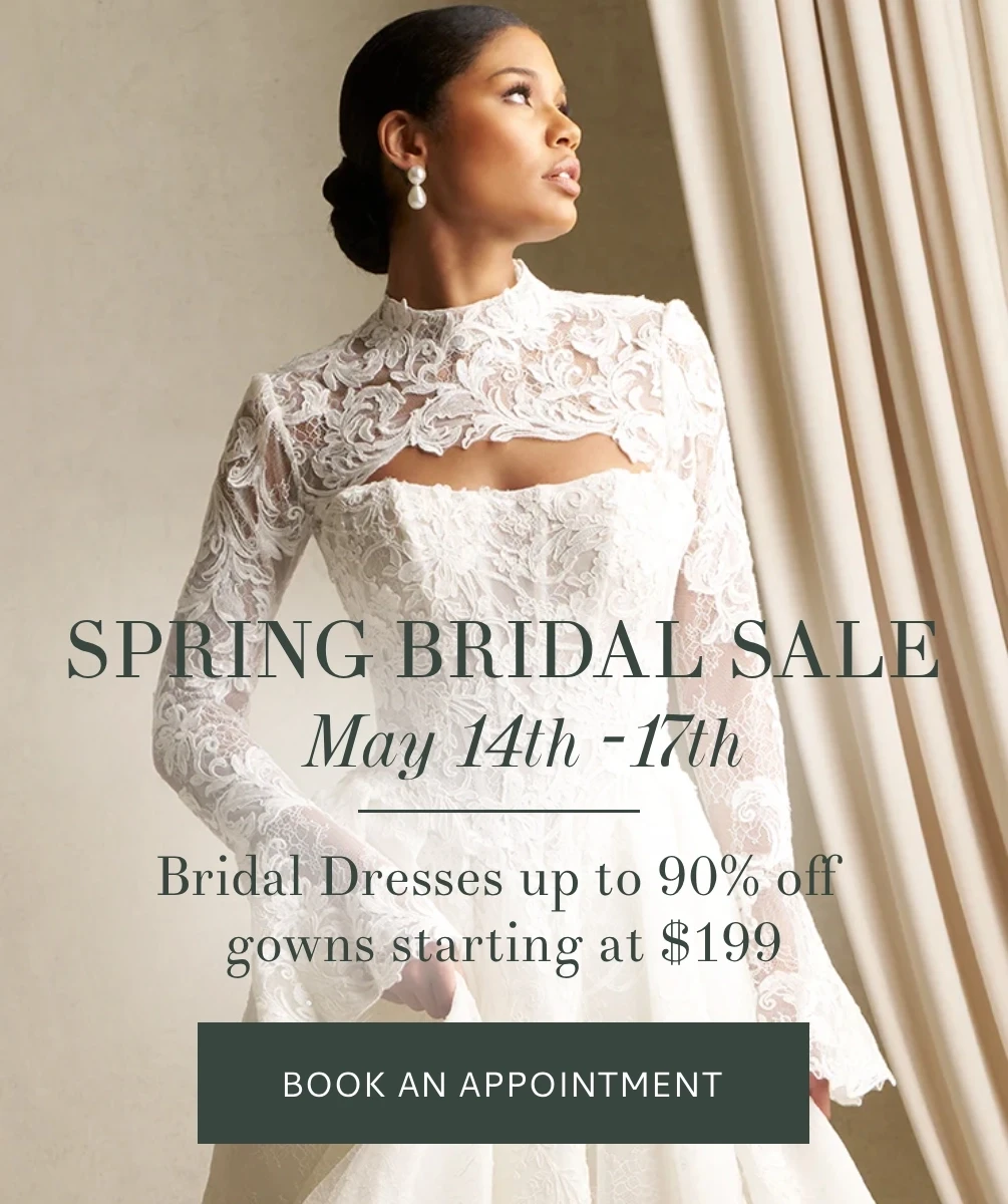 Model wearing bridal gown, spring bridal sale mobile banner