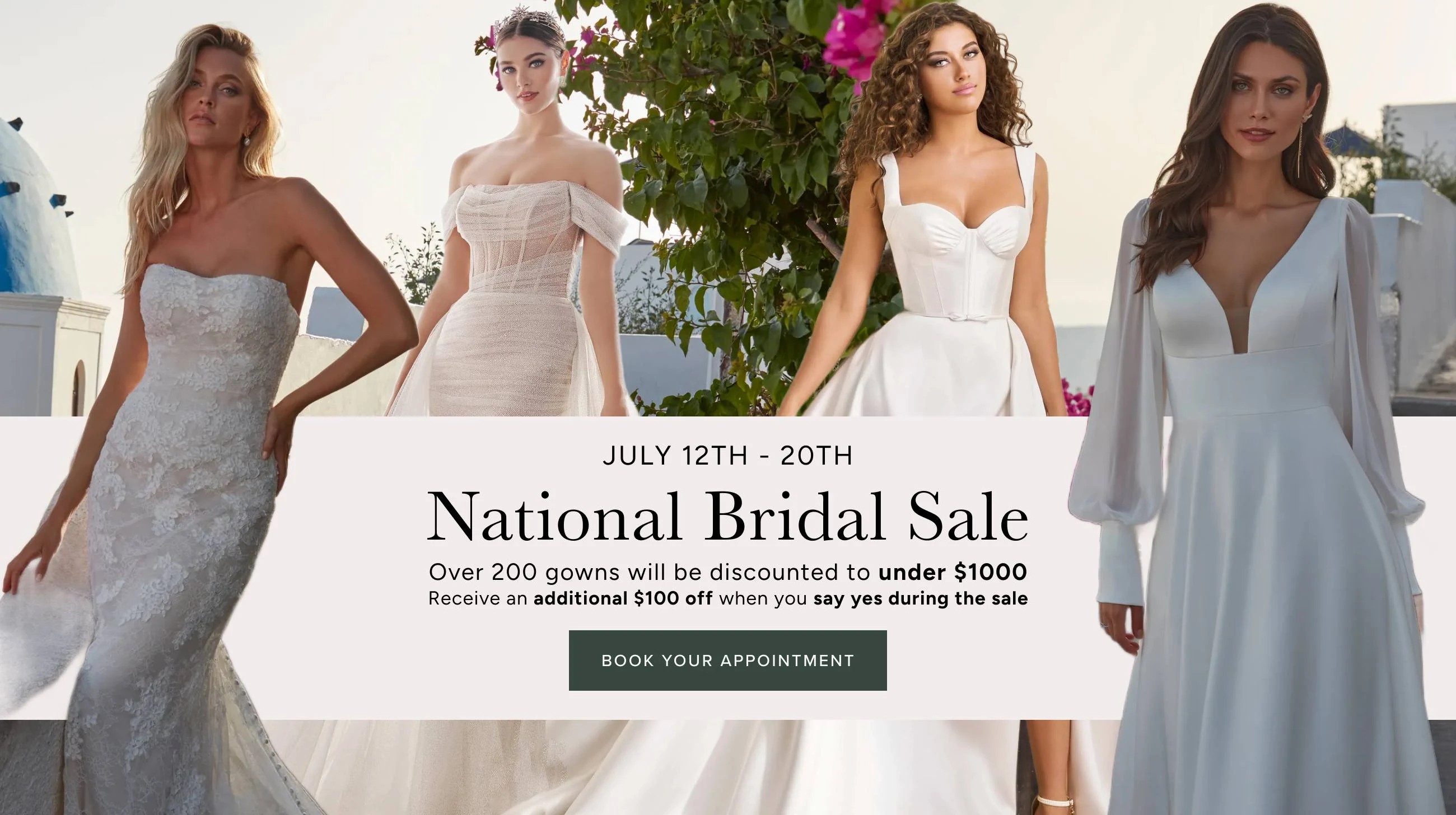 4 Models wearing Madison James MJ1107, MJ1110 and Martin Thornburg MT5101, MT9117MK gowns, National Bridal Sale desktop banner