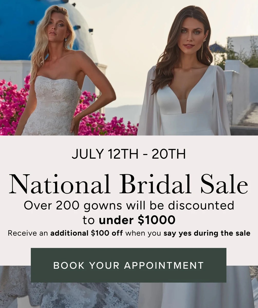 2 Models wearing Madison James MJ1107, and MJ1110 gowns, National Bridal Sale mobile banner