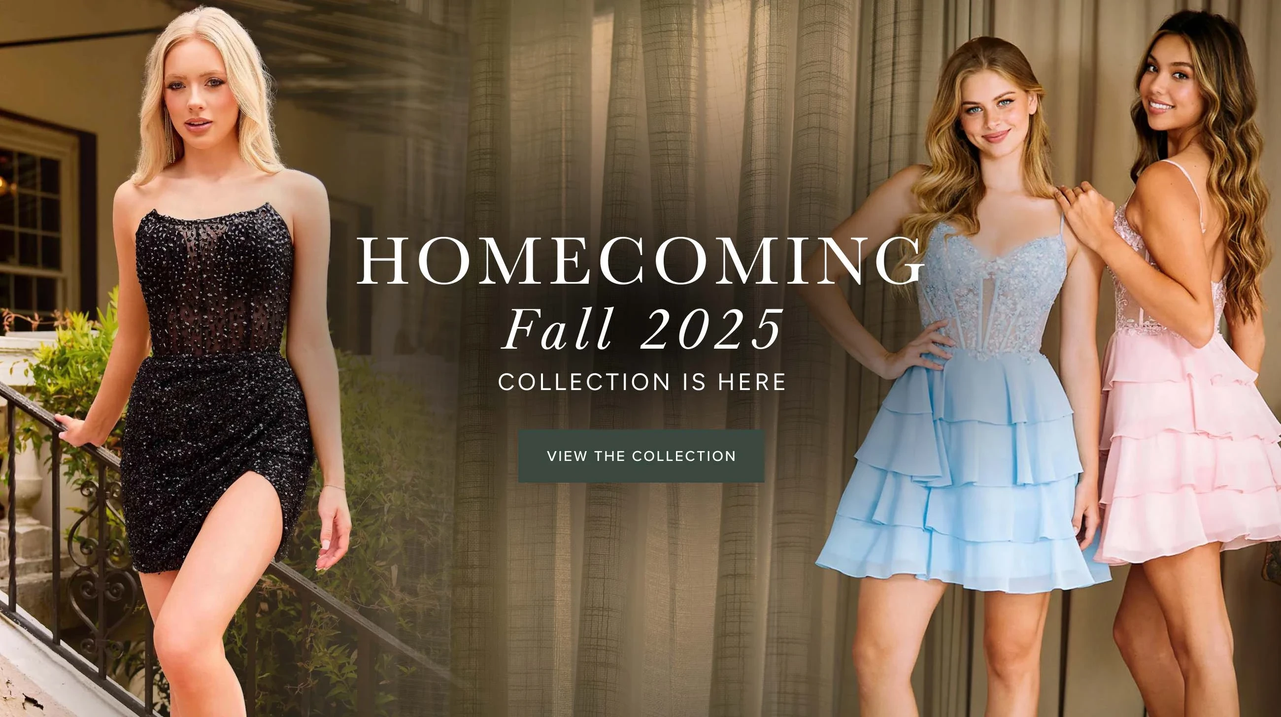 Models wearing Primavera 44043 and Amelia Couture 2062S homecoming gowns, desktop banner