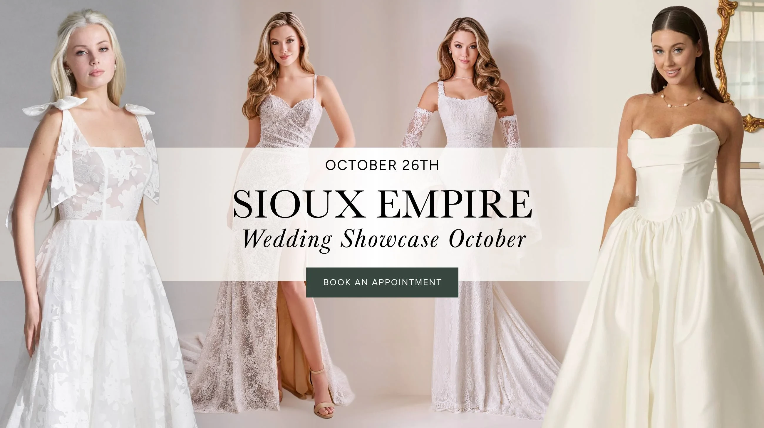 Sioux Empire Wedding Showcase October banner, models wearing bridal gowns, desktop banner