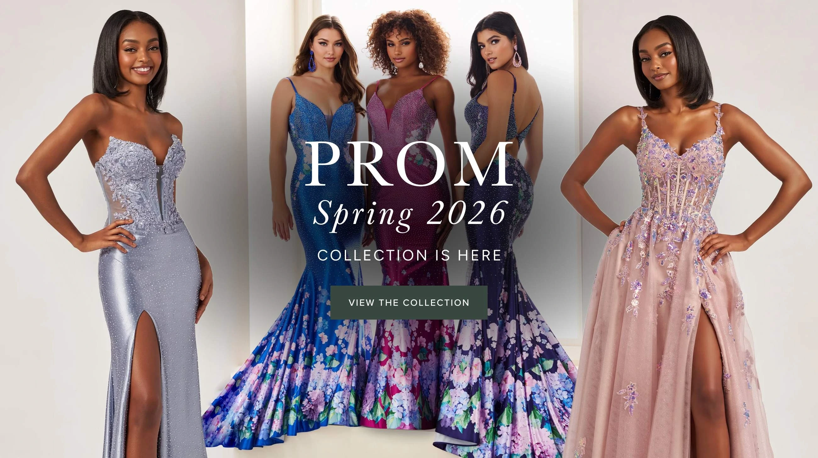 Models wearing prom spring 2026 gowns, desktop banner