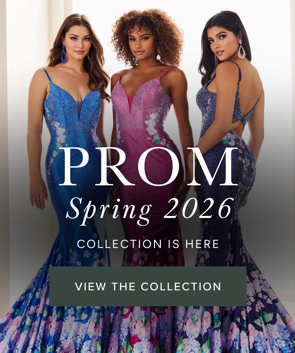 Models wearing prom spring 2026 gowns, mobile banner