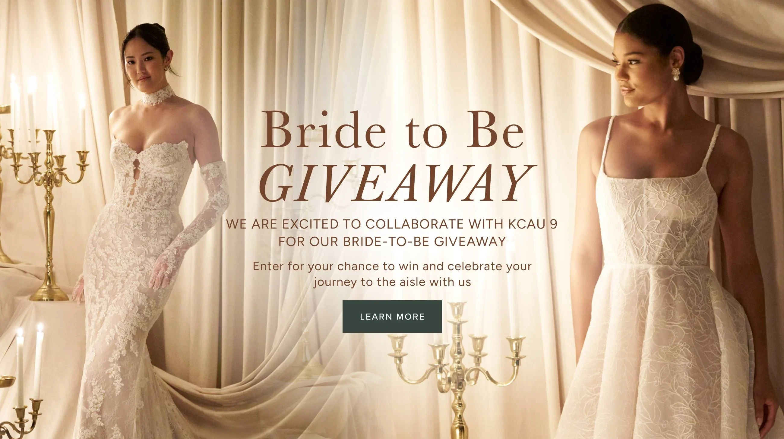 Bride to be giveaway, models wearing bridal gowns, desktop banner