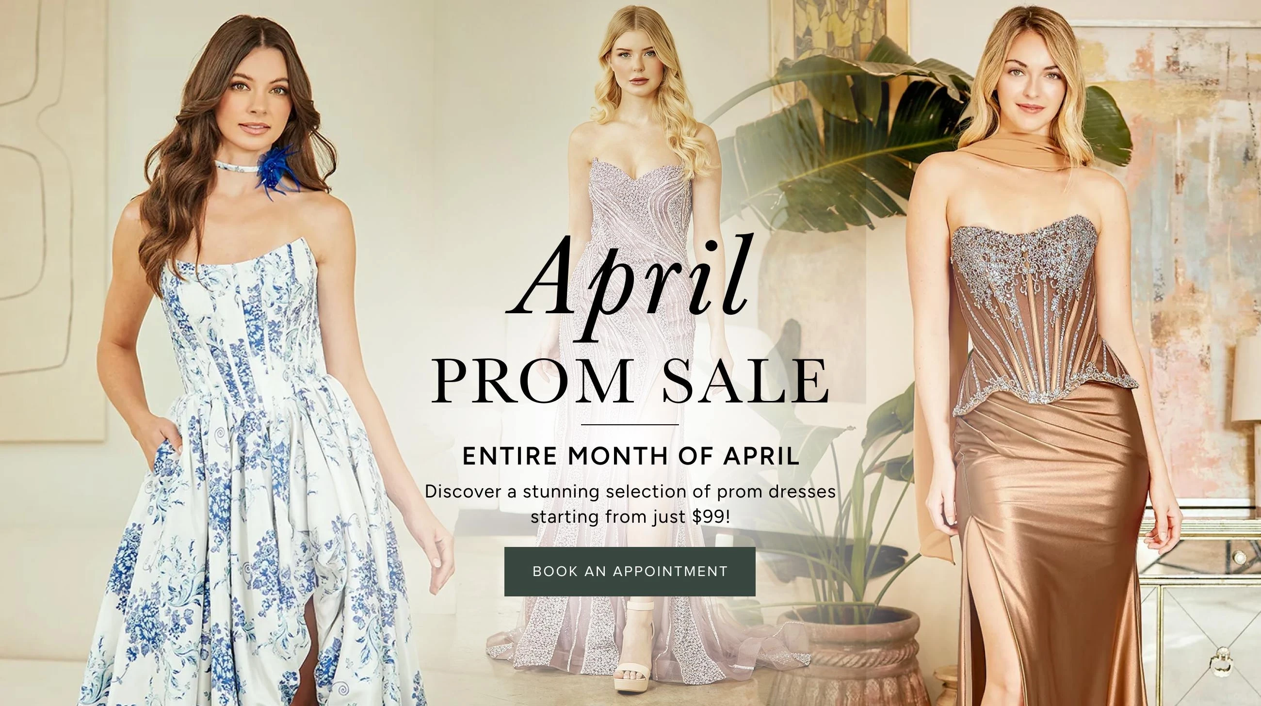 Models wearing prom dresses, April prom sale desktop banner