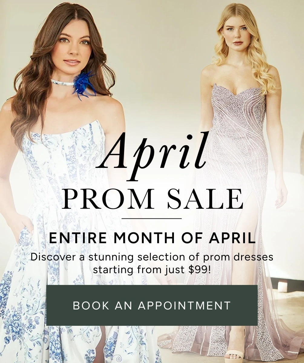 Models wearing prom dresses, April prom sale mobile banner