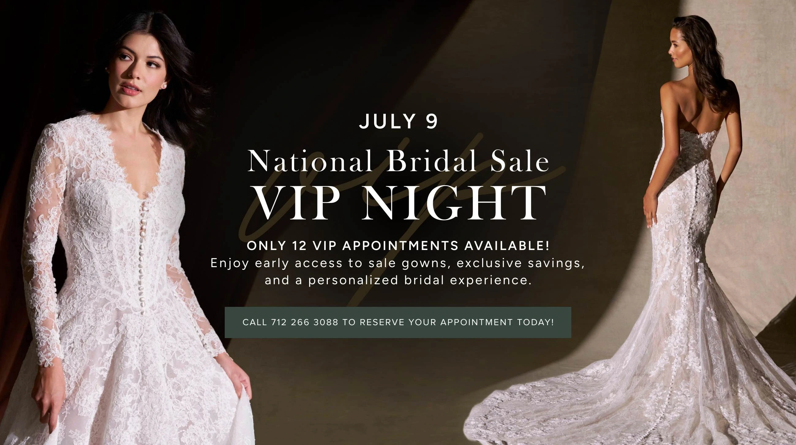Models wearing bridal dresses, national bridal sale vip night desktop banner