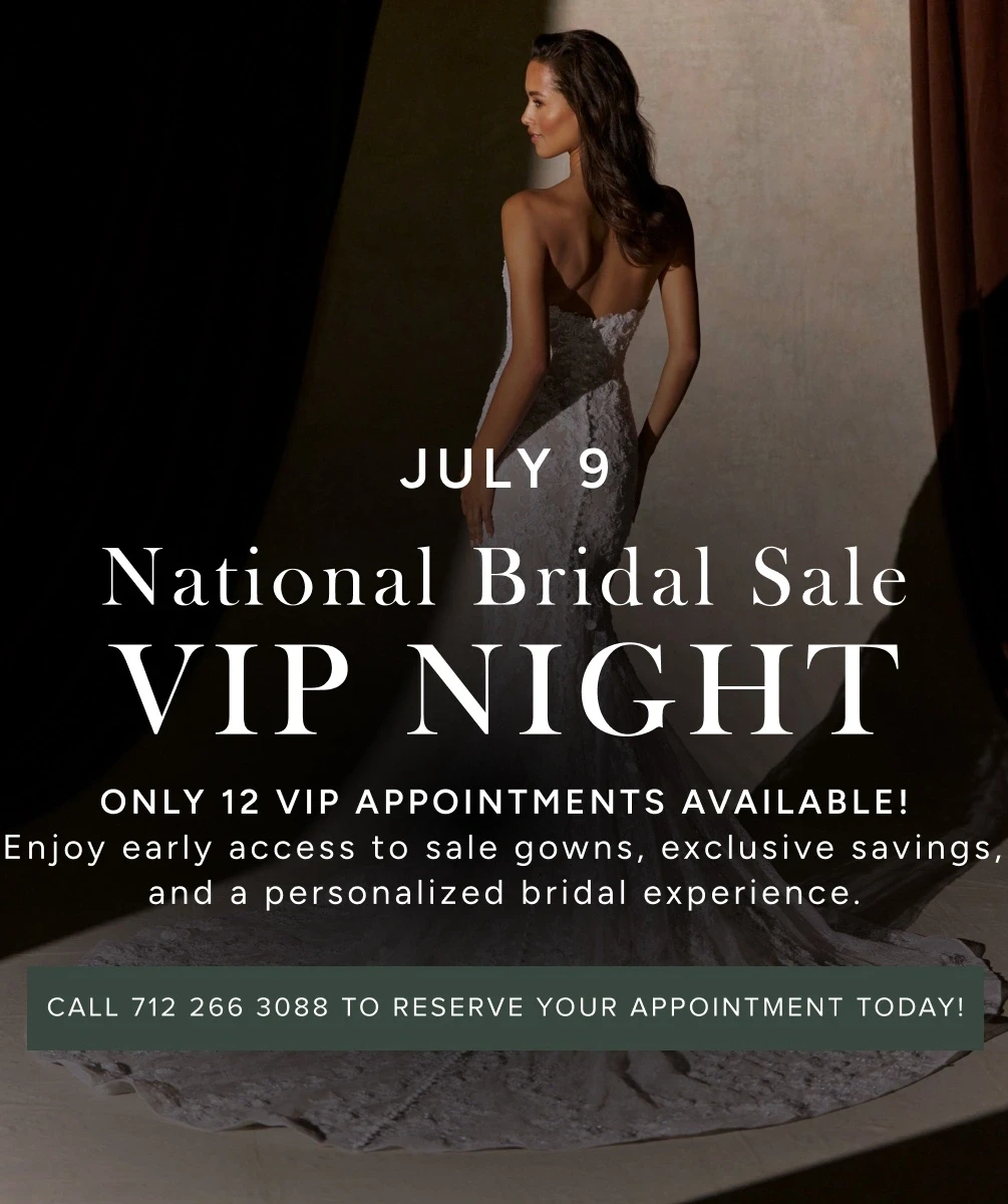 Model wearing bridal dress, national bridal sale vip night mobile banner