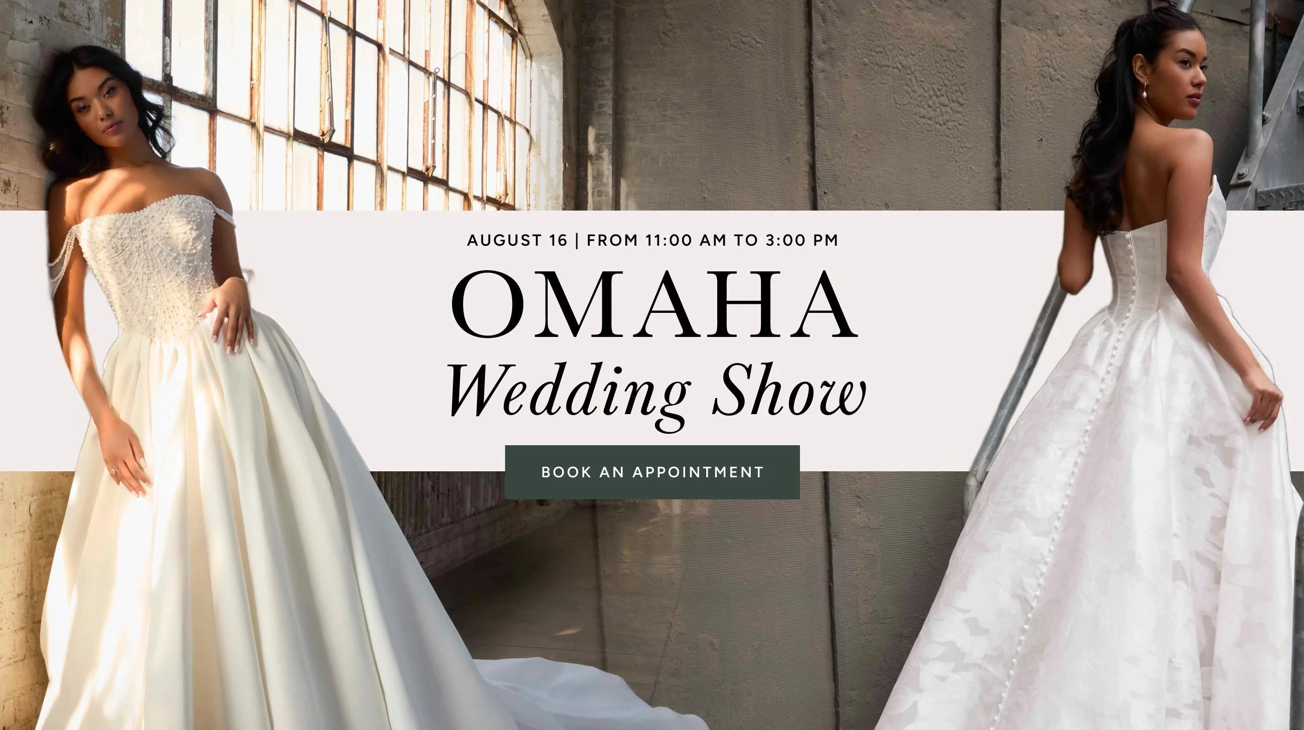 Models wearing wedding dresses, omaha wedding show desktop banner