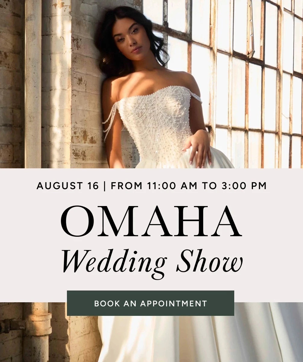 Models wearing wedding dresses, omaha wedding show mobile banner