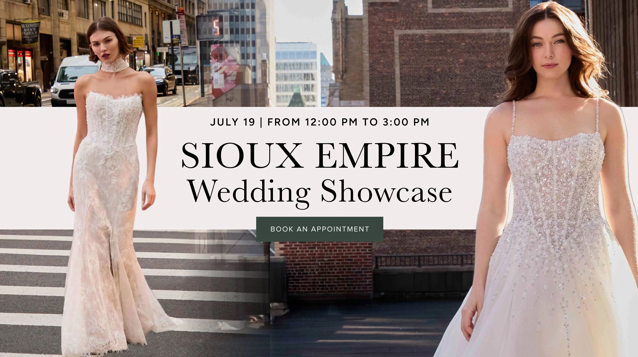 Models wearing bridal dresses, sioux empire wedding showcase desktop banner