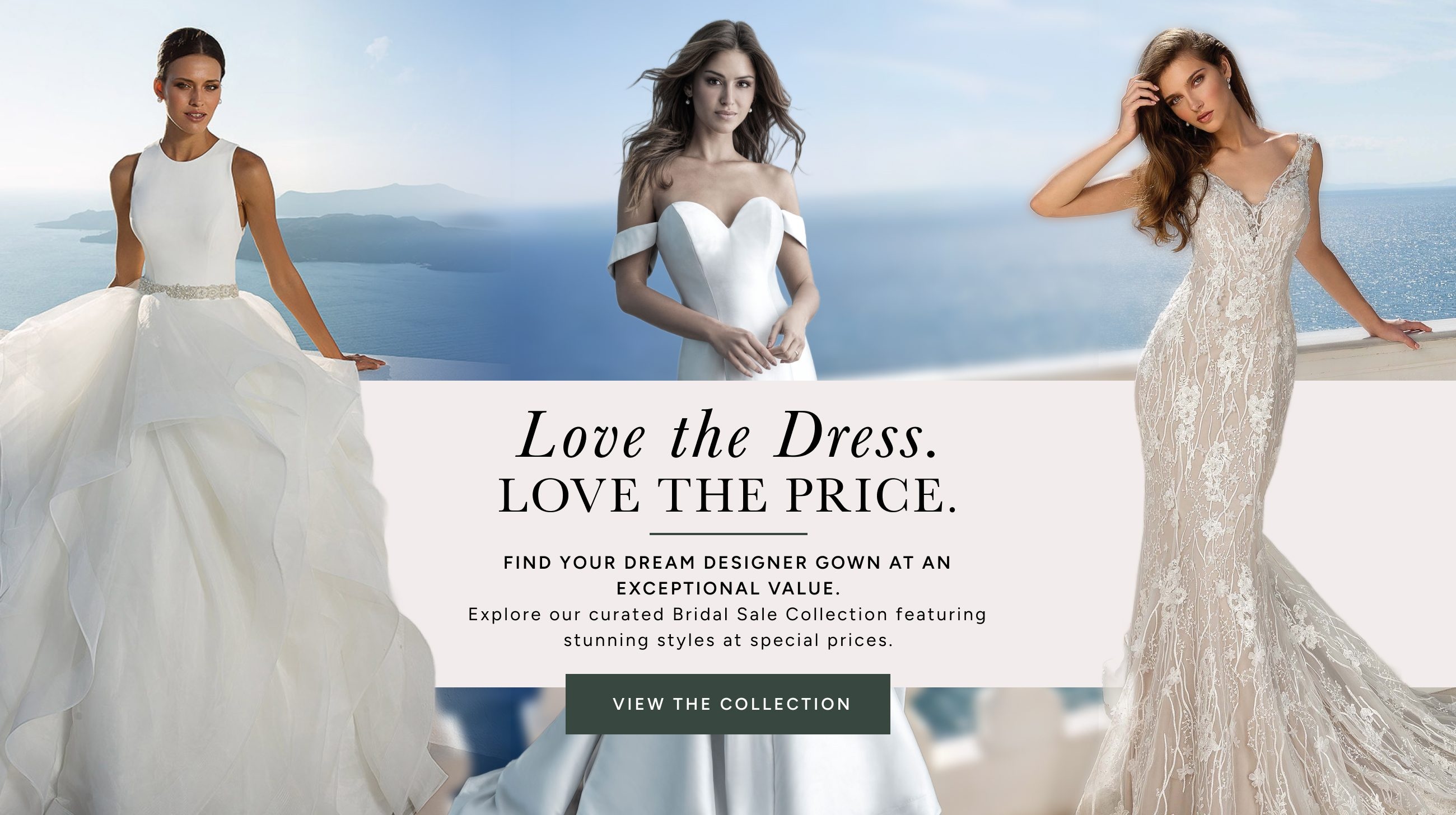 Models wearing bridal dresses, sale collection desktop banner