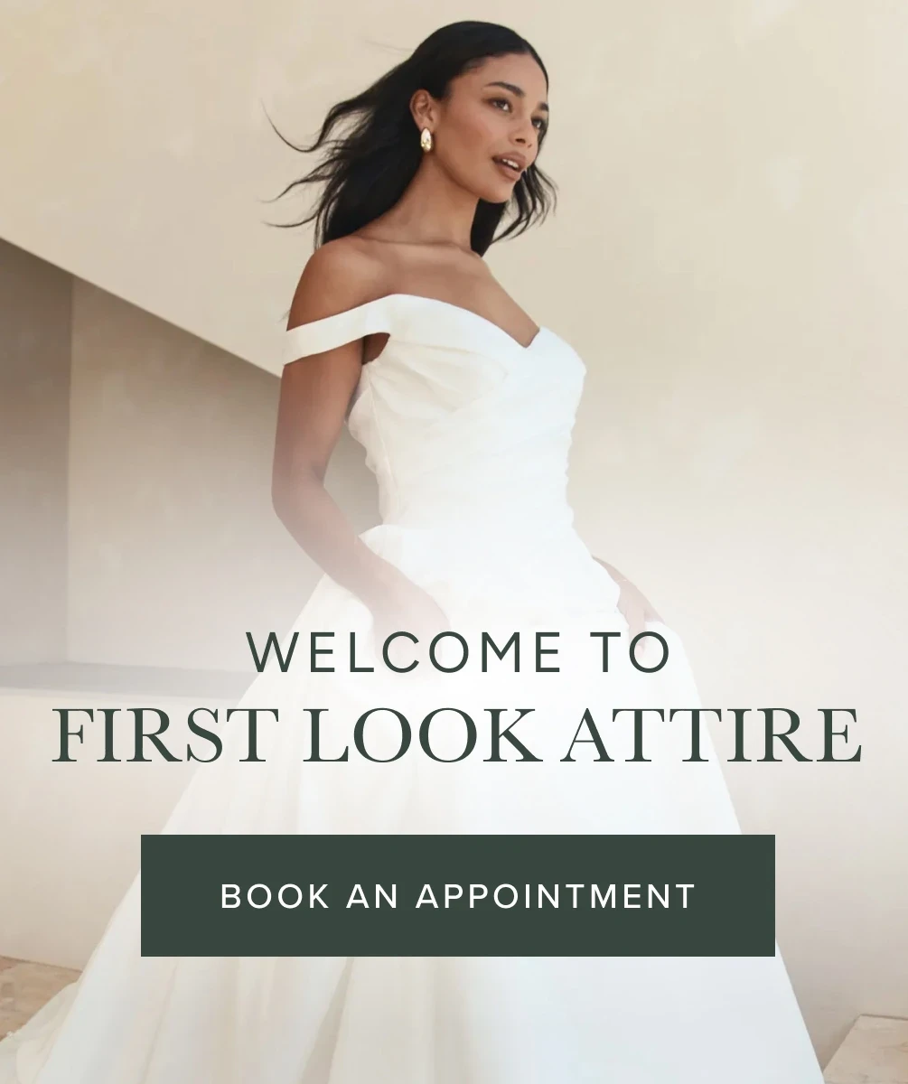 Model wearing fall 2026 bridal dress, welcome to first look attire mobile banner