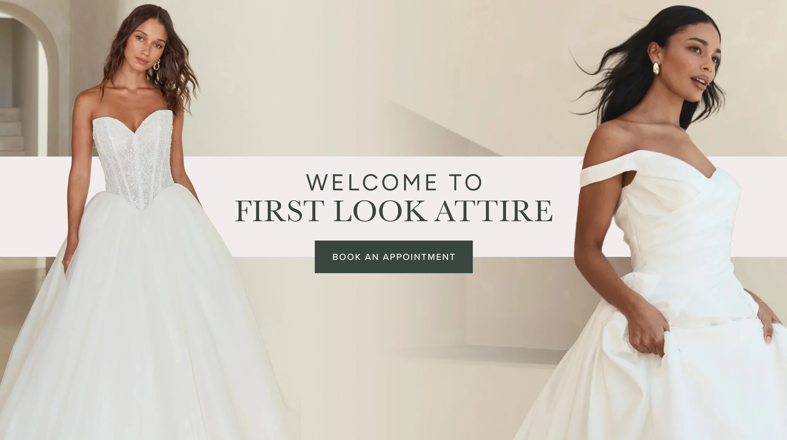 Models wearing fall 2026 bridal dresses, welcome to first look attire desktop banner