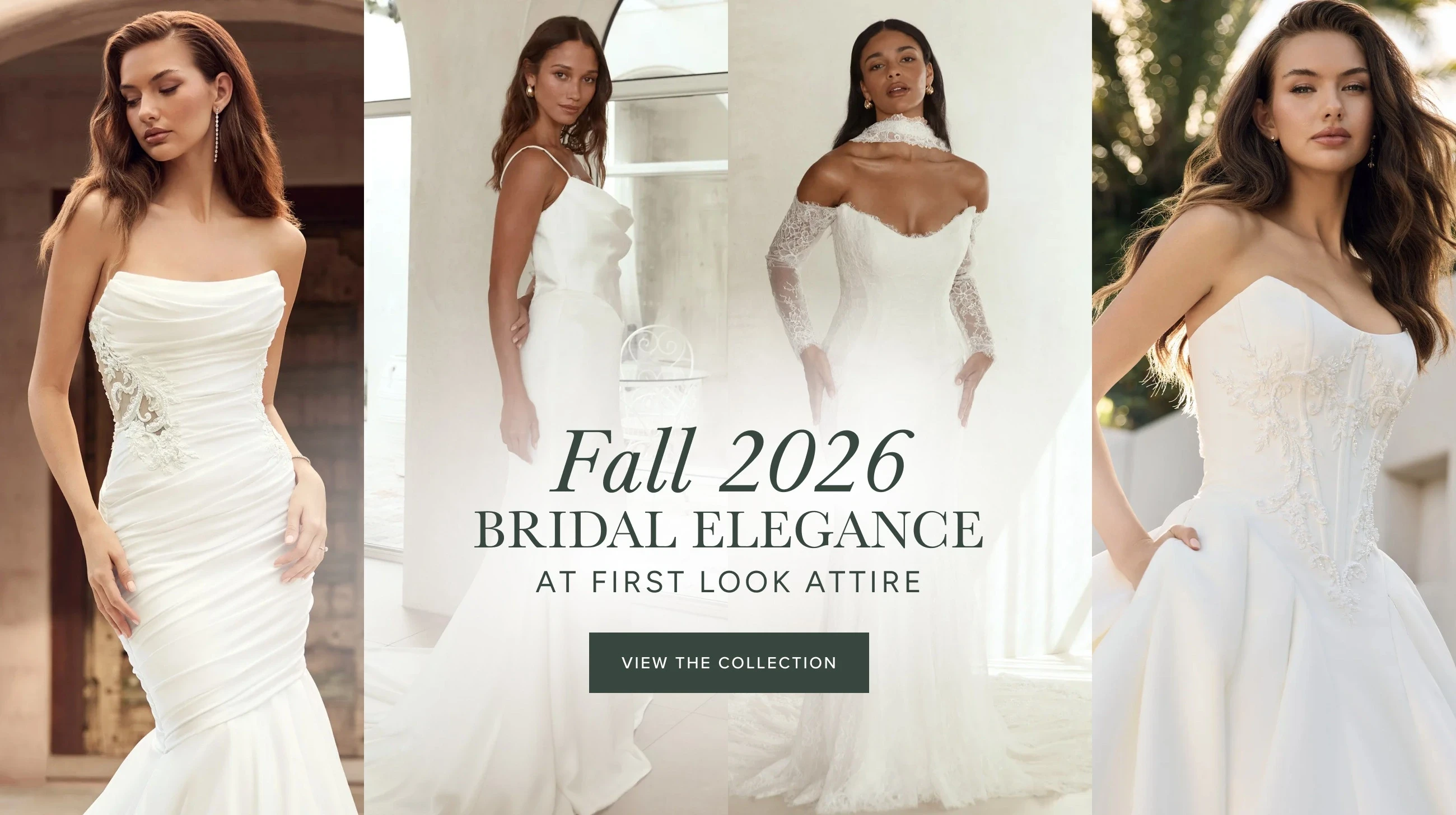 Models wearing bridal dresses from fall 2026 collection, fall 2026 desktop banner