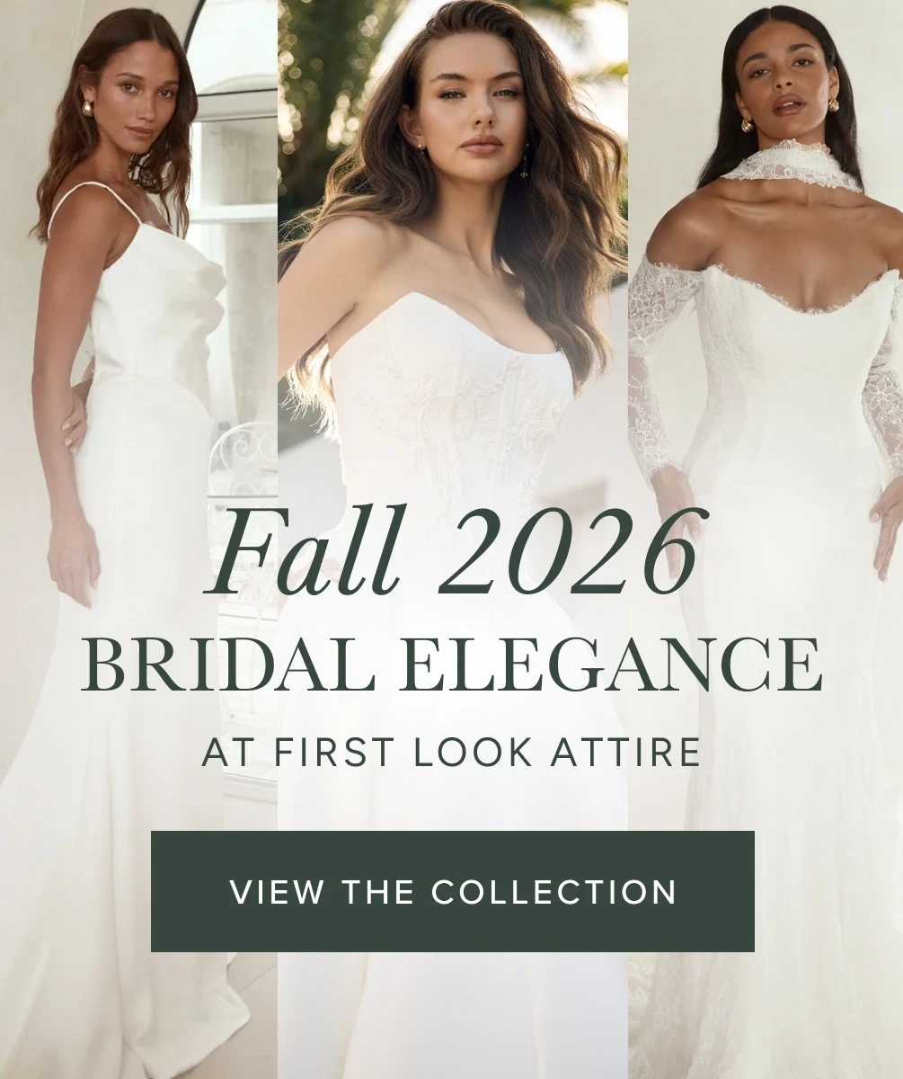Models wearing bridal dresses from fall 2026 collection, fall 2026 mobile banner