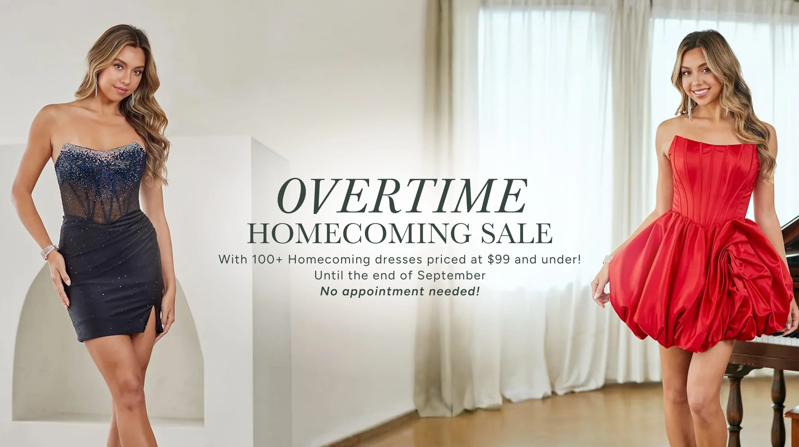 Models wearing homecoming dresses, Overtime homecoming sale desktop banner
