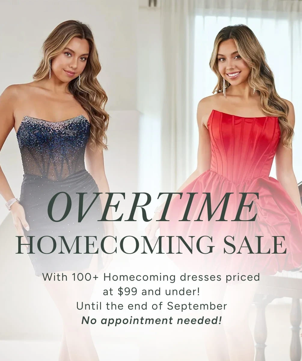 Models wearing homecoming dresses, Overtime homecoming sale mobile banner