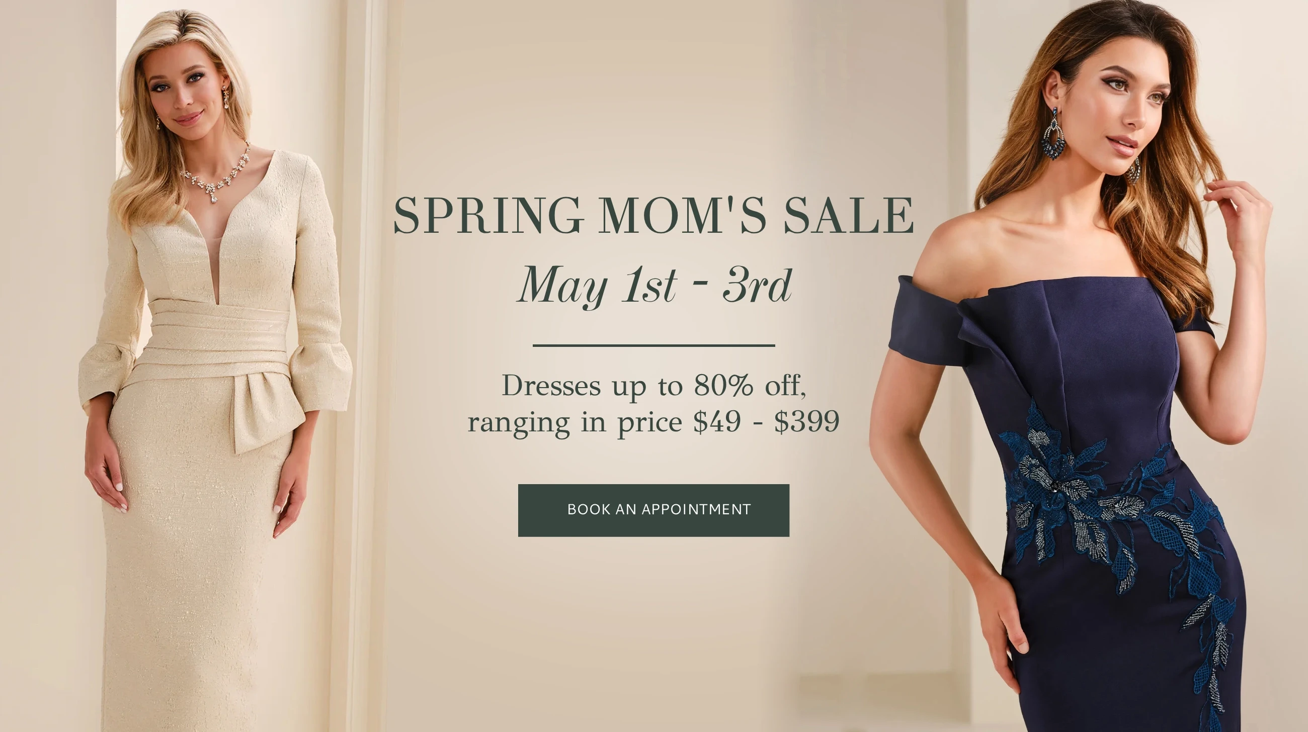 Models wearing Mother of the bride gowns, Spring Mom's Sale desktop banner